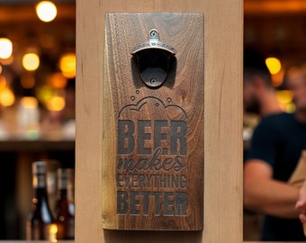 Walnut Wood Wall Mounted Bottle Opener - Handmade Beer Gift