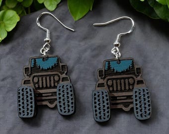 Black Walnut Wood SUV Earrings - Sterling Silver Hooks, Hand-painted