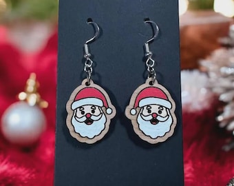 Handmade Wooden Santa Earrings | Sterling Silver Hardware Christmas Jewelry