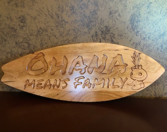 Ohana Means Family Hardwood Carved Sign. Multiple sizes up to 24" Made in Vermont.