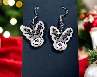 Handmade Wooden Reindeer Earrings | Sterling Silver Christmas Dangles