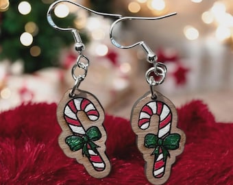Handmade Wooden Candy Cane Earrings | Sterling Silver Hooks, Holiday Jewelry