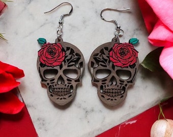 Handmade Walnut Sugar Skull Earrings, Sterling Silver Hooks, Day of the Dead