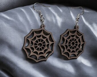 Walnut Spider Web Earrings – Wooden Halloween Dangle Jewelry, Gothic Boho Statement Earrings
