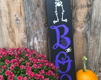 Skeleton Boo Halloween Sign. 3 Foot Tall Wooden Halloween Porch Sign. Made in Vermont.