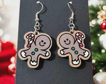 Handmade Wooden Gingerbread Man Earrings | Sterling Silver Hooks