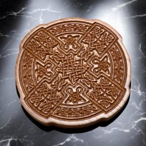 May include: A wooden coaster with a Celtic knot design carved into the surface. The coaster is round and has a brown wood finish.