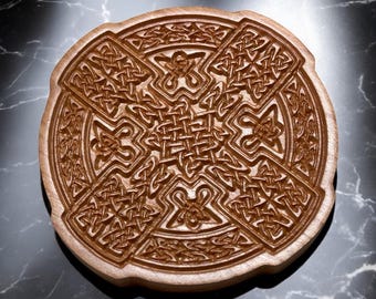 Carved Celtic Cross Hardwood Coaster. 4" Diameter. Made in Vermont