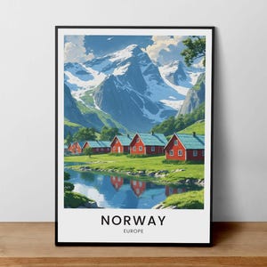 Norway Travel Poster, Norwegian Village Art, Norway Landscape Print, Red Cabins Art, Norwegian Fjord Decor, Scandinavian Nature Poster
