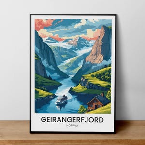 Geirangerfjord Norway Travel Poster, Fjord Landscape Art, Norwegian Nature Print, Scenic Geiranger Print, Cruise Art Decor, Home Decor