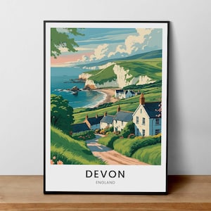 Devon England Travel Poster, Coastal Village Art, English Countryside Print, Devon Landscape, Seaside Decor, UK Travel Wall Art