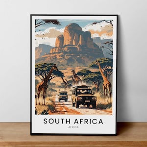 South Africa Safari Poster, African Wildlife Art, Giraffes Safari Print, South African Landscape, African Adventure Decor, Safari Travel Art