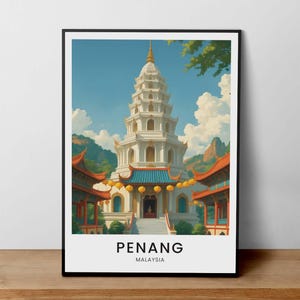 Penang Travel Poster, Malaysia Temple Art, Kek Lok Si Print, Asian Architecture, Penang Landmark, Malaysia Travel Wall Art