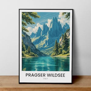 Pragser Wildsee Italy Travel Poster, Pragser Wildsee Print, Italian Alps Art, Mountain Lake Print, Italy Wall Art, Alpine Scenery
