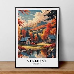 Vermont Travel Poster, Autumn Landscape Art, Vermont Fall Print, Rustic Cabin Decor, Vermont Mountain Scene, US Fall Poster