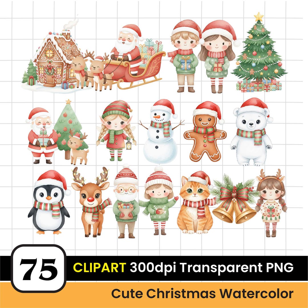 Cute Christmas Watercolor Clipart Bundle: 75 Holiday Pngs, Santa ...