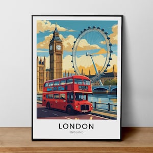London Travel Print - England, London Poster, Red Bus Art, London Cityscape, Big Ben Poster, London Wall Art, London Illustration