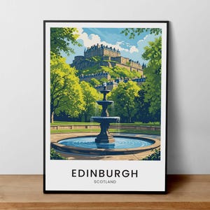 Edinburgh Scotland Poster, Edinburgh Castle Print, Fountain in Edinburgh, Scotland Poster, Edinburgh Landmark Art, Scotland Travel Art