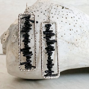 Schwarz Silber Rechteck Lange Ohrringe | Geometrischer Schmuck