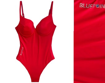 Vintage 90s Red Rhinestone One Piece Swimsuit/ Bluepoint Swimwear