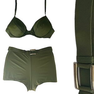 Vintage 90s Camo Green Shortkini Boyshorts Set/ High-waist Shorts with Belt, Padded, Underwire Deep Neck Top