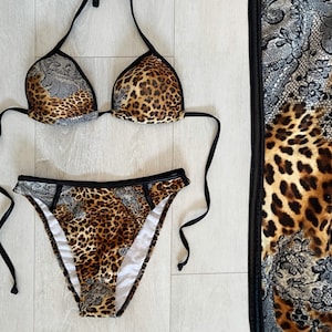 vintage 90s Leopard & Lace High-Waist High-Leg Bikini Set, Padded Halter Triangle Top Deadstock