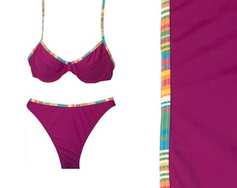 Burgundy High-waisted Bikini with Rainbow Striped Piping