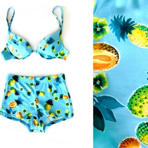 Vintage 90s Pineapples Boyshorts Deep Scoop Top/ High-waist Shortkini Padded Underwire Bikini Set