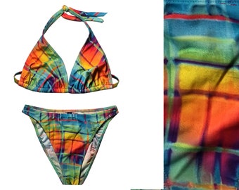 Vintage 90s Rainbow Plaid Multicolor High-Waist High-Legs Triangle Top Bikini Set with Triangle Halter Top XLARGE