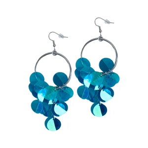 Teal Waterfall on Silver Hoops Earrings | Mirrored Teal Dangle Earrings
