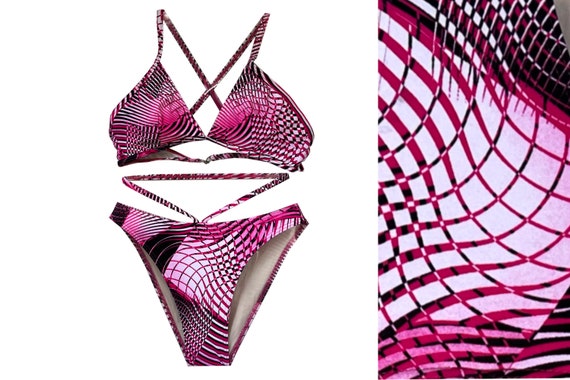 Pink Criss-Cross Bikini Set | Pink White Black Ab… - image 1