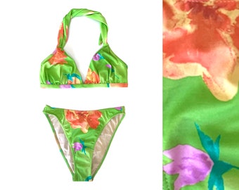 Vintage 90s Green Tropical High-waist High-Leg Bikini Set, Halter Top MEDIUM