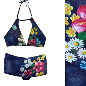 Vintage 90er Deadstock Denim & Floral Triangle Top Shortkini Set, Dreieck String Top