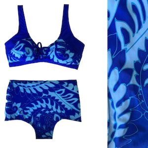 Vintage 90s Deadstock Blue Tropical High-waist Bikini Set with Underwire Padded Tankini Scoop Neck Bra Top