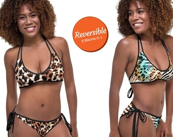 String Bikini/ Leopard Bikini Set/ Halter Top / Cheeky String Bottom/ Reversible