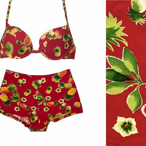 Vintage 90er Shortkini Ananas Deep Scoop Top/ High-Waist Gepolstert und Underwire Jungenpferde Set