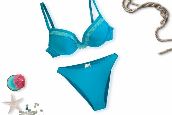 Fringe Bikini Trimmed High-leg Swimsuit, Turquoise