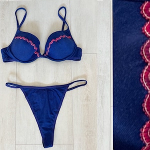 Vintage 90s Deadstock Denim High-Waist High-Leg Thong Bikini Set, Padded Underwire Bra Top