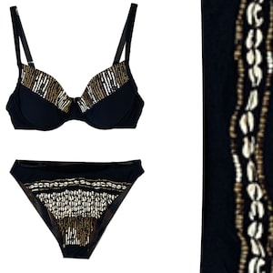 Vintage 90s Y2K Deadstock Black with Natural Beads High-Waist High Legs Bikini Set