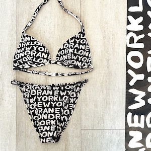 Vintage 90s New York Graffiti High-Waist High-Leg Bikini Set, Triangle Halter Top - Deadstock