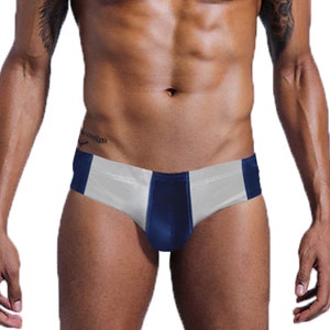 Sexy MEN&#39;S Low Rise Bikini Brief, Blue/Silver or Black/Silver Shiny Trunks, Euro 90s Retro Swimsuit, Boyfriend Gift, Dance Parties, Raves