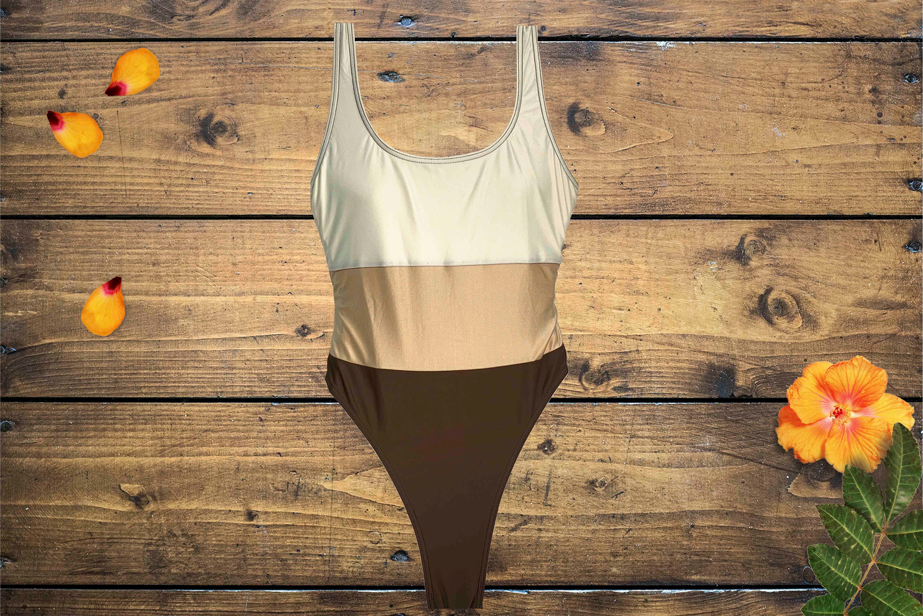 Vintage 90s High Legs Tan One Piece Women S Swimsuit Size Etsy