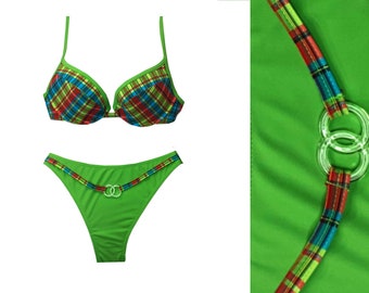 Vintage 90s Green Plaid High-Waist High-Leg Bikini Set with Padded Underwire Bra Top, Deadstock