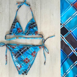 vintage 90s Turquoise Plaid High-Waist High-Leg String Bikini Set, String Triangle Top and Bottom - Deadstock