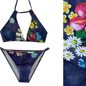Vintage 90s Deadstock Denim Floral High-Waist High-Leg Bikini Set, String Halter top