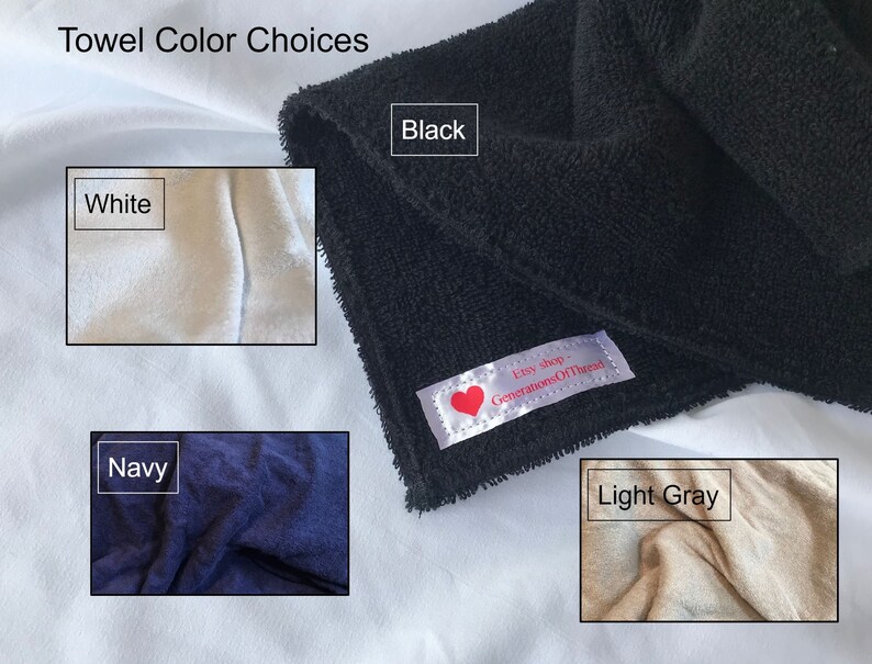 May include: Close-up of different colored towel swatches. The swatches are white, black, navy, and light gray. The text "Etsy shop - GenerationsOfThread" is visible on the black swatch.