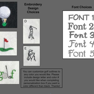 May include: Five embroidery design choices for a golf-themed project. The designs include a golf ball on a tee, a golf flag, the word "golf" with a golf ball and club, a golfer swinging a club, and a golfer putting. The image also includes five font choices for personalization.
