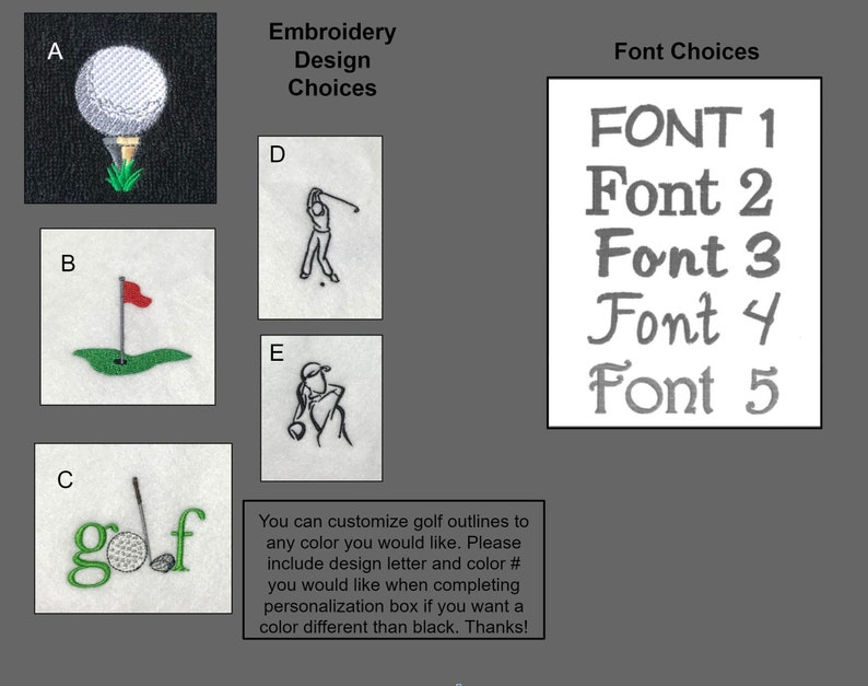May include: Five embroidery design choices for a golf-themed project. The designs include a golf ball on a tee, a golf flag, the word "golf" with a golf ball and club, a golfer swinging a club, and a golfer putting. The image also includes five font choices for personalization.