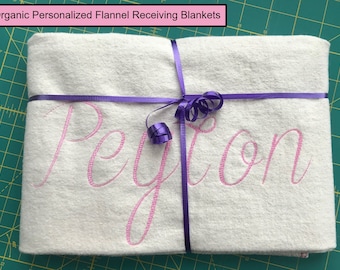 Manta receptora con monograma orgánico, manta receptora bordada orgánica, manta receptora personalizada orgánica, manta de franela orgánica
