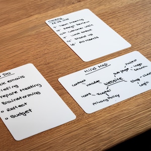 K&ouml;nnte beinhalten: Drei wei&szlig;e Karten mit handschriftlichen Notizen auf einer Holzoberfl&auml;che. Eine Karte listet eine "To Do"-Liste auf, eine andere eine "Mind Map" f&uuml;r eine Website und die dritte einen Zeitplan f&uuml;r Montag, den 26. August 2024. Die Karten liegen auf einem hellbraunen Holztisch.